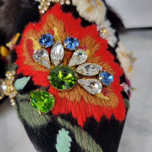 NWB~$695~GEDEBE~35/5~BLACK EMBELLISHED RHINESTONE REAL FUR FLATS MULES SHOES - Picture 10 of 16